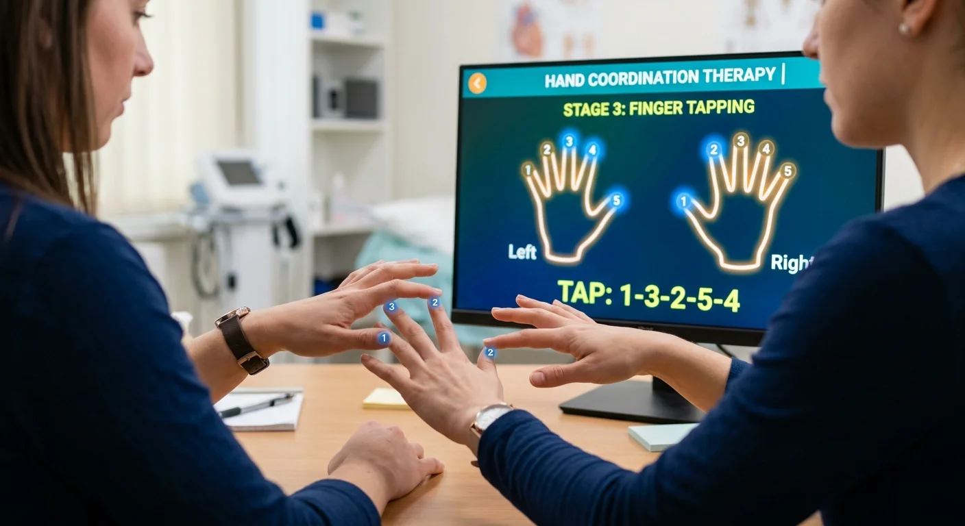 Hands performing guided hand motion coordination exercises on a digital screen