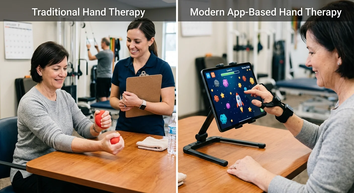 Side by side comparison of traditional hand therapy and modern digital coordination training games