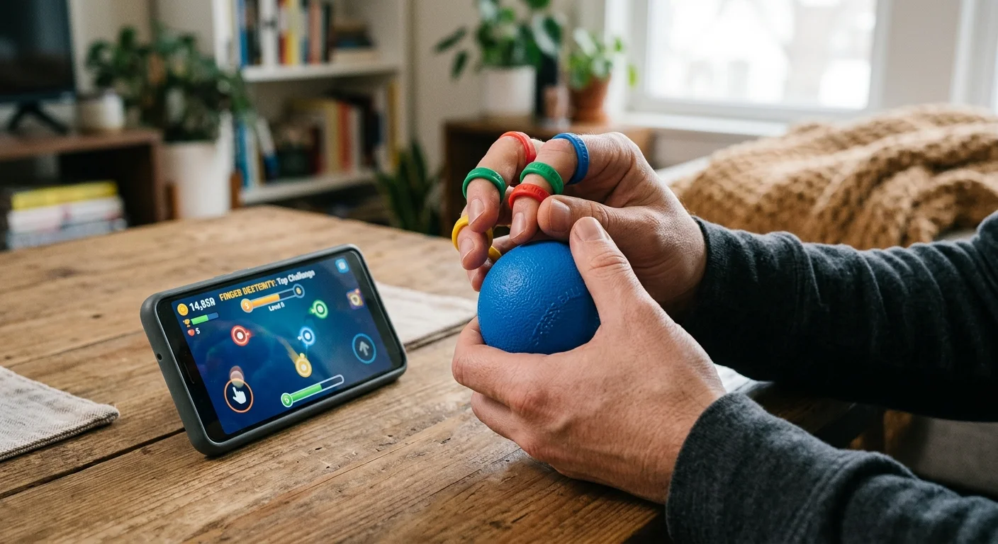 Hands doing finger exercises alongside a hand coordination game app