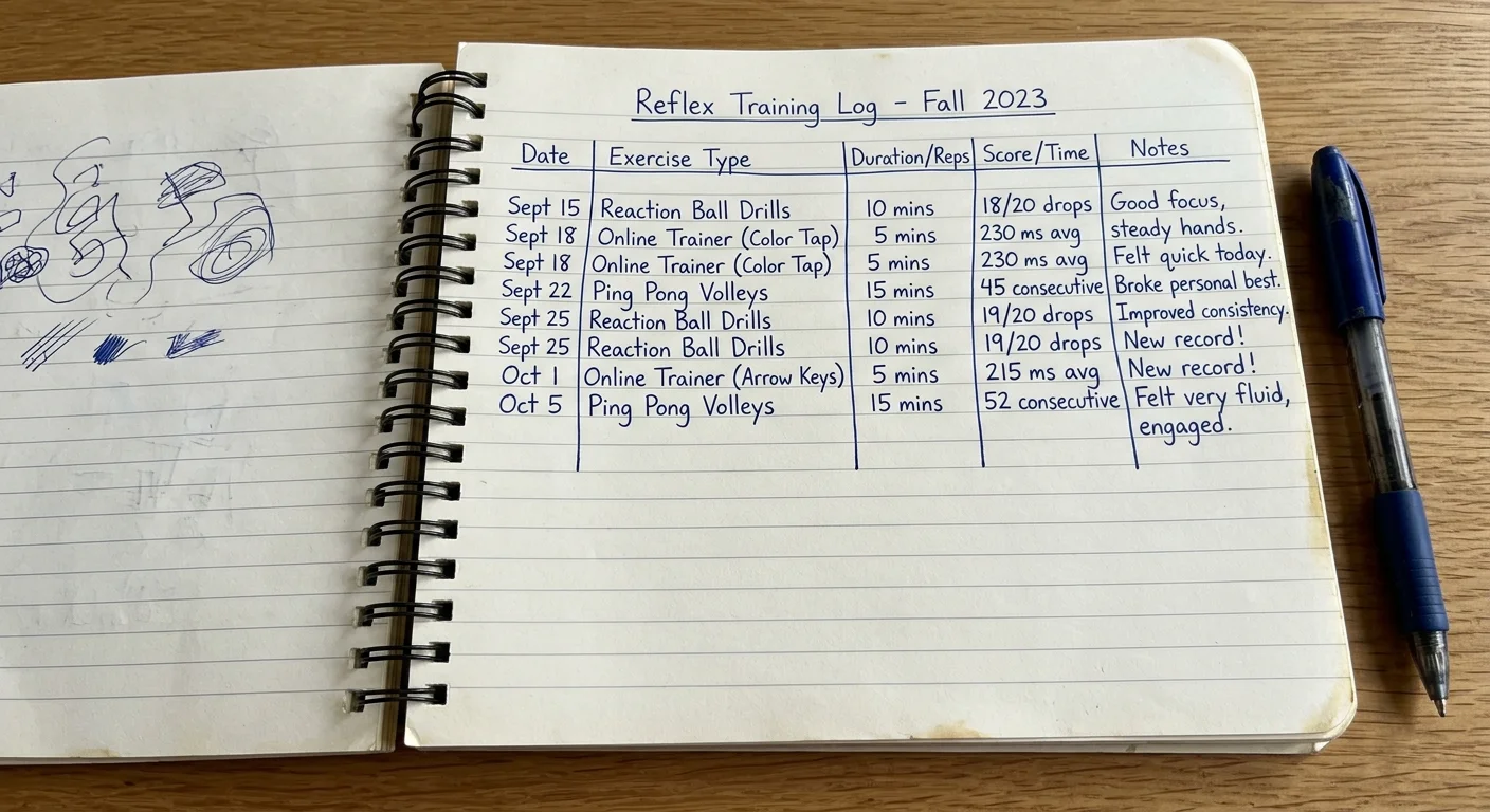 Reflex training progress log in notebook with tracked scores