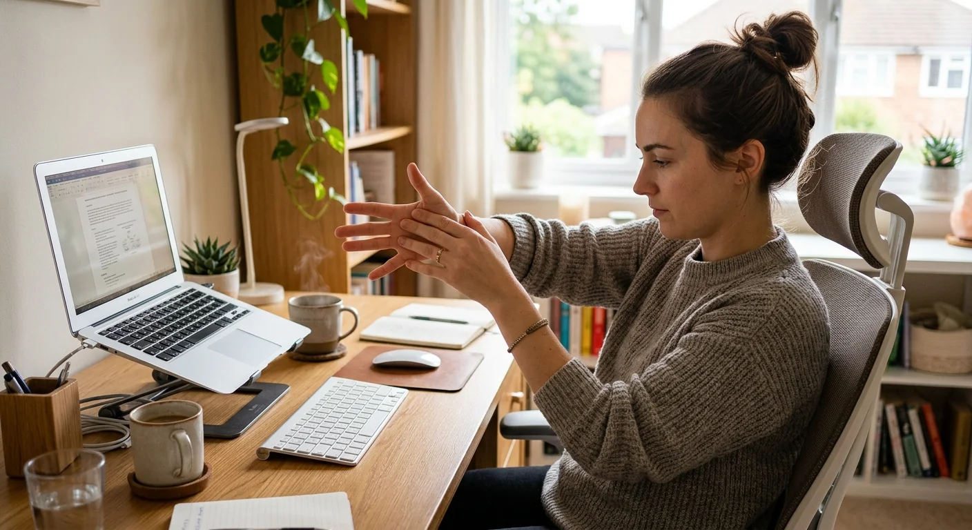 Person stretching fingers and warming up hands before a guided hand movement session